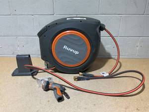 lot 218 image: Ruvup Retractable Garden Hose Reel,12in x 150ft Water Hose Reel with Metal Bracket, UV Resistant Automatic Hose Reel Wall Mount for Outside, Slow Retraction Any Length Lock 10 Spray Nozzle