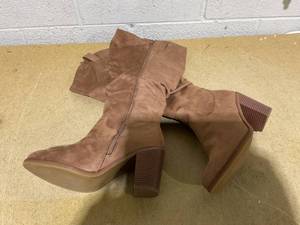 lot 130 image: Luoika Womens Extra Wide Calf Cowboy Knee High Boots, Wide Width Cowgirl Slouchy Boots Chunky Pump Heel Plus Size Western Boots Size 10.5