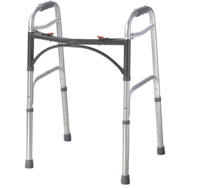 lot 101 image: Drive Medical 2-Button Standard Foldable Walker for Seniors, Adults, and Disabled - Basic Walking Aid with Adjustable Legs - 350lb. Weight Capacity - Silver