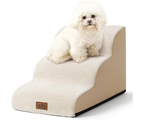 lot 105 image: Cozy Kiss Dog Stairs for Small Dogs 15.7 H, Curved Dog Step for Puppy, Older Cat, Medium Pet Ramp for Sofa, Couch or Chair, Ladder with High Density Foam, 15.7x22.4x15.7 inch, 3 Step, Beige