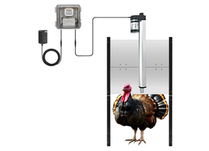 lot 153 image: JVR Automatic Turkey Coop Door with Timer, Programmable  Extra Large 22x23 Opening, Anti-Pinch Auto Reopen & Stop Safety, Waterproof Aluminum Door for Turkeys, Ducks, Geese, Large Chickens