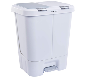 lot 159 image: 40L Dual Trash Can, Push top and Step top, Slow Close lid with Removable Bins, White Step N Sort