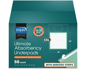 lot 163 image: Inspire Super and Ultra Absorbent Disposable Bed Pads, 36 X 36, Pack of 50 with Adhesive, XXL