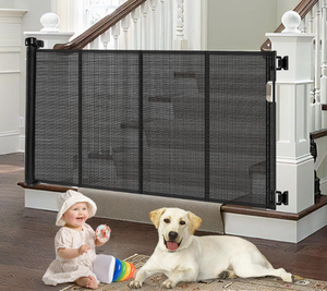 lot 216 image: Reinforced Retractable Baby Gate for Stairs with Support Rods, 33 Tall, Extends up to 55 Wide, Mesh Gate Banister Baby Gate for Doorways, Indoor Outdoor Pet Gate for Stairs Hallways (Black)