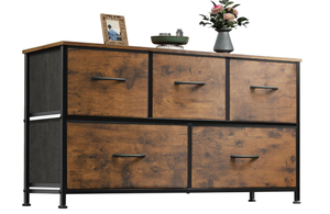 lot 283 image: Dresser for Bedroom with 5 Drawers, Wide Chest of Drawers, Fabric Dresser, Storage Organizer Unit with Fabric Bins for Closet, Living Room, Hallway, Rustic Brown Wood Grain Print