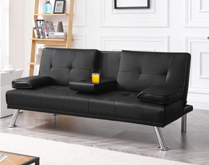 lot 402 image: Modern Faux Leather Futon with Cupholders and Pillows, Black