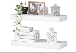 lot 447 image: QEEIG Bathroom Floating Shelves for Wall - 15.7 Wall Mounted Shelf Over Toilet Farmhouse Home Decor Display Bookshelf Small 15.7 x 6.7 inch Set of 2, White