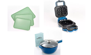 lot 363 image: Good Housekeeping 3 piece Bundle 3Qt Electric Cook Pot, Set of 3 Multi Use Prep Boards, Belgian and Stuffed Waffle Maker