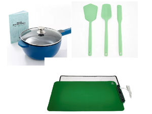 lot 366 image: Good Housekeeping 3 piece Bundle 3Qt Electric Cook Pot, Electric Warming Mat with Storage Bag, 3 Piece Silicone Baking Tool Set