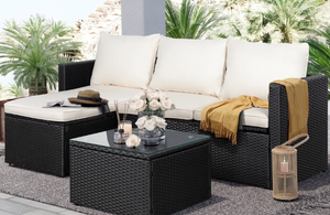 lot 61 image: Walsunny 3 Piece White Outdoor Furniture Sectional Sofa Patio Set with Black Rattan Wicker