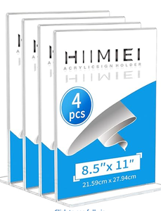 lot 186 image: HIIMIEI Acrylic Sign Holder 8.5x11 Inches Table Menu Display Stand, Clear Plastic 8.5x11 Double Sided Picture Frames for Desk Display(4 Pack)