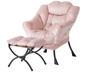 lot 64 image: Welnow Lazy Chair with Ottoman, Modern Lounge Accent Chair with Armrests and a Side Pocket, Leisure Sofa Armchair, Reading Armchair with Footrest for Small Space, Pink
