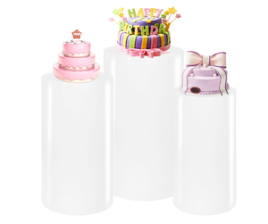 lot 449 image: HAISIWLKJ 3PCS Cylinder Pedestal Stands for Parties, White Metal Round Cylinder Plinths Dessert Table Display Pillars for Birthday Wedding Bridal Baby Shower Party Decorations(Small)