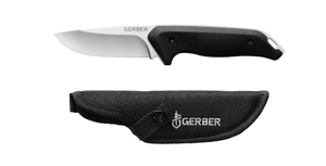 lot 455 image: Gerber Moment Fixed Blade Knife, Full Tang, Stainless Steel. Black with Sheath