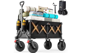lot 466 image: Beach Wagon with 9x3 Big Rubber Wheels for Sand, 350lbs Heavy Duty 200L Collapsible Utility Wagon, Easy Transport & Storage, Ideal for Sport, Camping, All-Terrain Outdoor Activities, Black