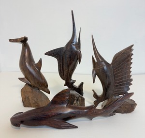 Hand Carved Hardwood Fish Sculptures - Dolphin, Marlin, Shark & Swordfish