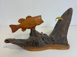 lot 7 image: Signed Wood Fish Figure Mounted on Driftwood