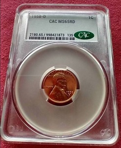 lot 37 image: 1958-D Wheat Penny - CAC MS65RD