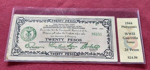lot 51 image: 1944 Philippines WW2 Guerilla Issue 20 Pesos Note