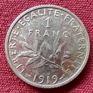 lot 53 image: 1919 France Silver 1 Franc Coin