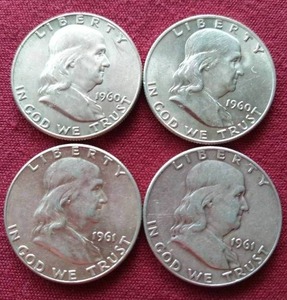 lot 89 image: (4) Franklin Half Dollars - 1960, 1960-D, 1961, 1961-D