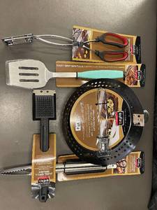 lot 30 image: Bar-B-Q Collection Grilling Tool Set with Skillet, Tongs, Spatula, Brush, and Meat Tenderizer