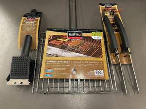 lot 32 image: BBQ Tool Set with Grill Basket, Dual Grill Brush, and Kickstand Tongs