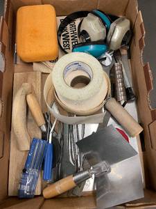 lot 49 image: Box of Drywall and Plastering Hand Tools with Tapes, Sponge, and Respirator