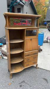 lot 927 image: Vintage Oak Secretary Desk with Shelves, Drawers, and Mirror