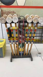 lot 942 image: Vintage Wooden Croquet Set with Stand and Balls