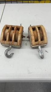 lot 944 image: Pair of Vintage Wooden Triple Sheave Pulley Blocks with Metal Hooks