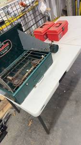 lot 957 image: KampKook Camp Stove with 2 Plastic Toolboxes