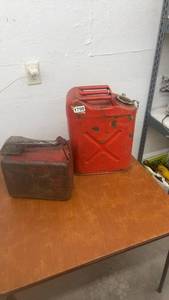 lot 1750 image: Set of 2 Vintage Red Metal Gas Cans with Spout