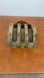 lot 1752 image: Antique Wooden Triple Sheave Pulley Block