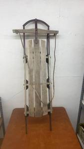 lot 1765 image: Vintage Wooden Sled with Metal Runners and Rope Handle