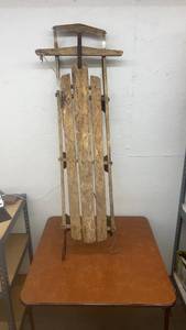lot 1766 image: Vintage Wooden Snow Sled with Metal Runners