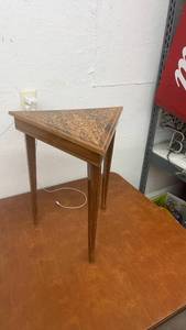 lot 1777 image: Vintage Triangular Marquetry Table with Secret Compartment and Music Box