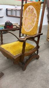 lot 1778 image: Antique Wood Platform Rocker Chair with Yellow Upholstery