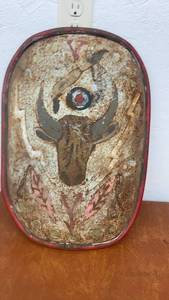 lot 1784 image: Vintage Hand-Painted Metal Shield with Buffalo Motif