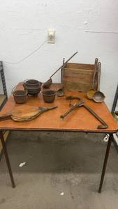 lot 1787 image: Vintage Cast Iron Melting Pots, Bellows, Ladles, and Remington Arms Wooden Crate
