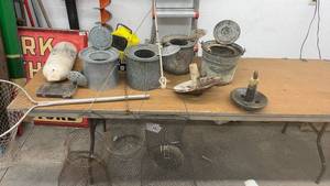 lot 1810 image: Vintage Fishing Collection with Baskets, Minnow Buckets, Net, and Accessories