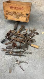 lot 1828 image: Lot of Vintage Hand Tools with Remington Wooden Ammunition Box