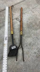 lot 1829 image: Set of 2 Vintage Fireplace Tools with Wood Handles