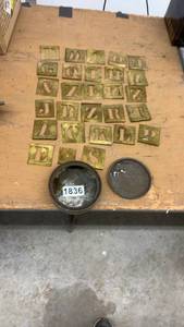 lot 1836 image: Vintage Brass Letter Stencil Set with Sterno Tin Lid