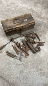 lot 1840 image: Vintage Metal Toolbox with Assorted Old Hand Tools