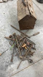 lot 1845 image: Vintage Metal Tool Box with Collection of Antique Hand Tools