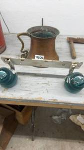 lot 1850 image: Lot with Antique Copper Mug and Dual Glass Insulator Bracket