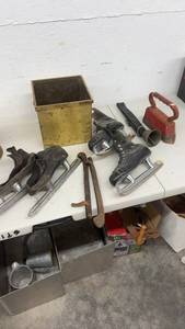 lot 1852 image: Vintage Collection including Ice Skates, Iron, Cowbell, and Brass Bin