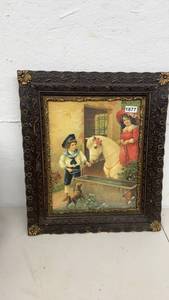 lot 1877 image: Framed Antique Artwork of Children with Horse and Dog