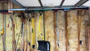 lot 1259 image: Assorted Yard and Garden Tools Collection Including Rakes, Shovels, and Brooms